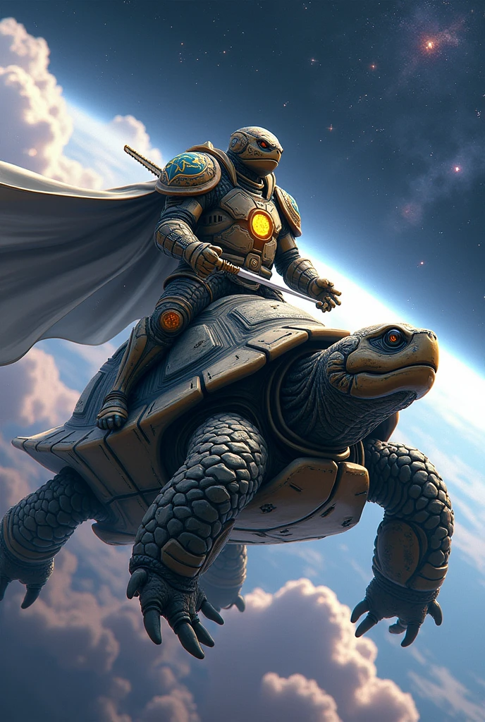 (photoanime1:2) A unknown anime space turtle warrior, with a cape and armor  and sword and shield which is almost makes them a mecha in space created from the big bang that is riding on a small turtle customised space craft