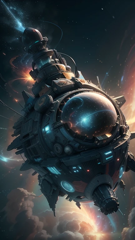 Fantasy，8k,Extremely detailed, masterpiece,High resolution,Highest quality,Increase the resolution,Cinema Lighting,Different space，4 dimensional world，Night on the Galaxy Express，cyber-，light blue body，Train-shaped spaceship，Steam locomotive-type spaceship，Maneuvering with a fusion reactor，30-car train、Run through the space zone，Numerous stars，Many Galaxies，Milky Way，Cruising at the speed of light，Seeing the Earth in the distance，Super Express，Andromeda Galaxy visible，Wide angle of view，Vision，Floating in the air，In the dazzling light，Extremely colorful，The whole carriage is visible，S-shaped，Rail of light，colorful cloud nebula，The whole universe glows blue