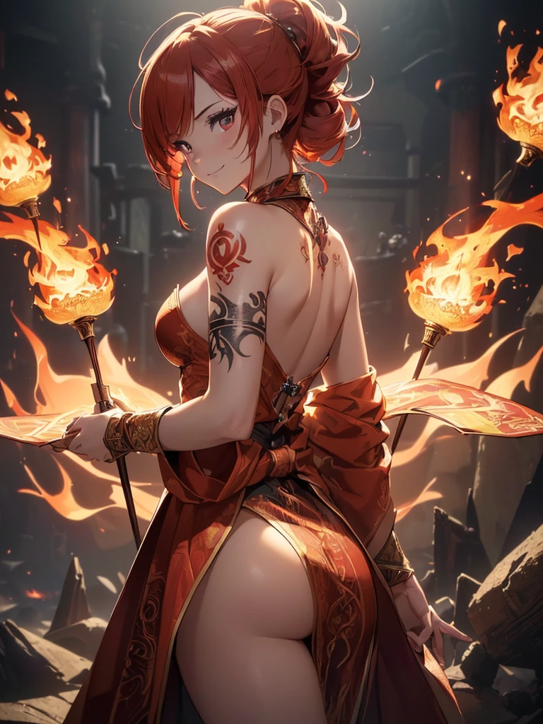 (((best quality, sharp image, clear image, cinematic lighting, 8k resolution, masterpiece, ultra detailed, intricate))) Girl, ((shot from behind)), ((close up)), look at viewer, fire mage, ((intricate background)), ((chaotic background)), red hair, smiling, ((flame runes, flame sigils)), (tatoo on back), slim figure, flying sigils, long dress, cute