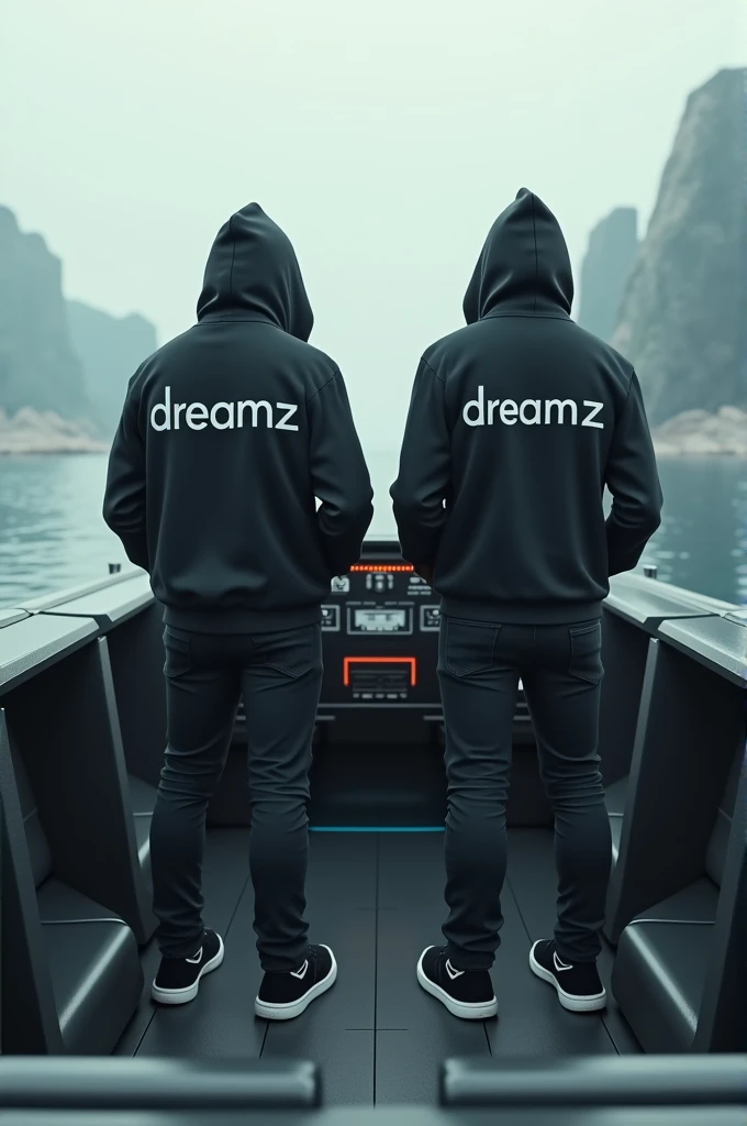 Two hooded black men seen from behind in a futuristic boat wearing jeans, sneakers and sweatshirts with the word "DREAMZ" written on them. Perfect photo