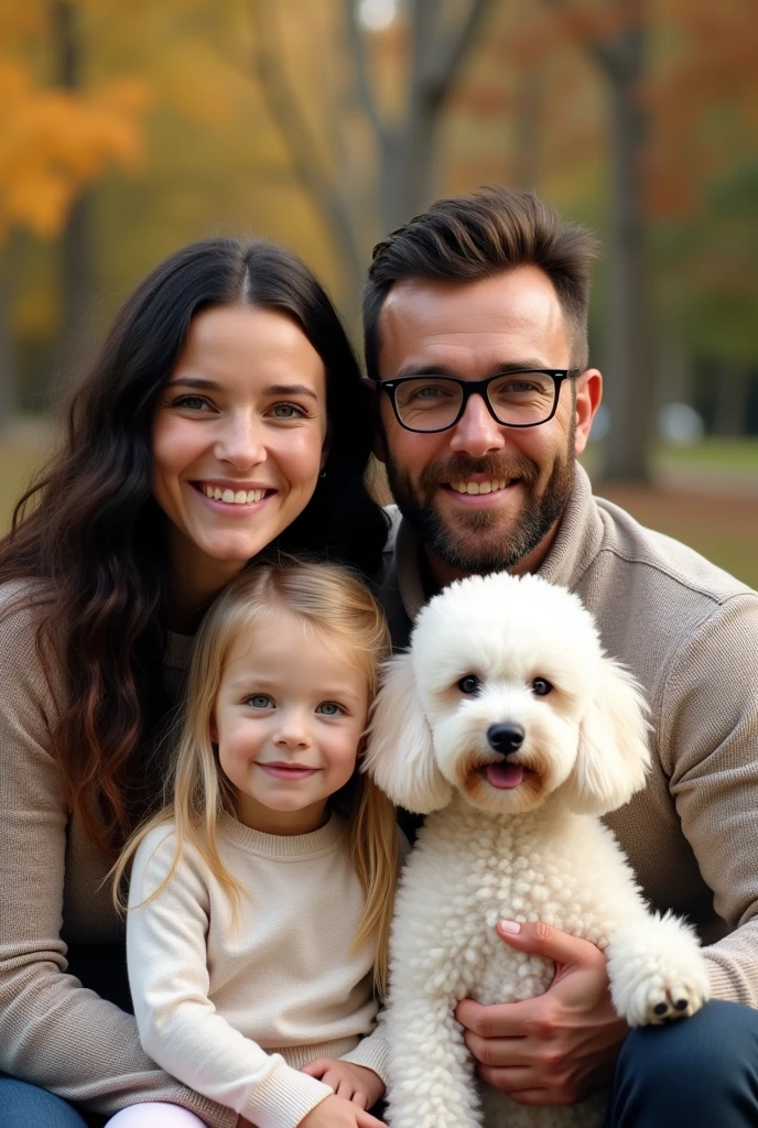 Man with beard and short hair , woman with glasses and long black hair , a girl with green eyes and blonde hair , a baby with grey eyes and blond hair, next to a white French poodle . All in a family photo.