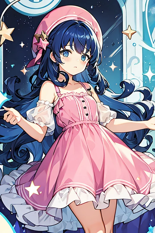 women, small, Dark Blue curly hair, blue eyes with stars, pink hat, pink and white dress with straps 