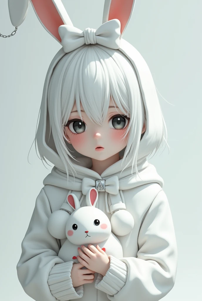 White female character with white hair and bangs and white bunny ears with pink and face with big black and sad eyes and thin mouth and down white bunny costume and a white bow with a chain with the initial of the letter A and a white rabbit with black eyes and pink nose