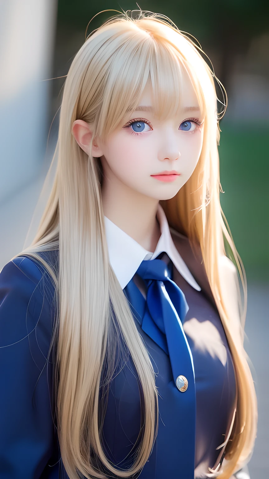 A very beautiful Nordic girl、Super long, silky, shiny metallic butter blonde straight hair、Cute beautiful girl with sexy messy bangs、Hair above the eyes、片Hair above the eyes、Hair between the eyes、uniform、Super long beautiful blonde hair、Beautiful bangs between the eyes、Very beautiful cute face、Cute beautiful gentle expression、high school girl、Big, pale, very bright sky blue eyes that shine beautifully、Small Face Beauty、Round face、Snow-white glossy skin、