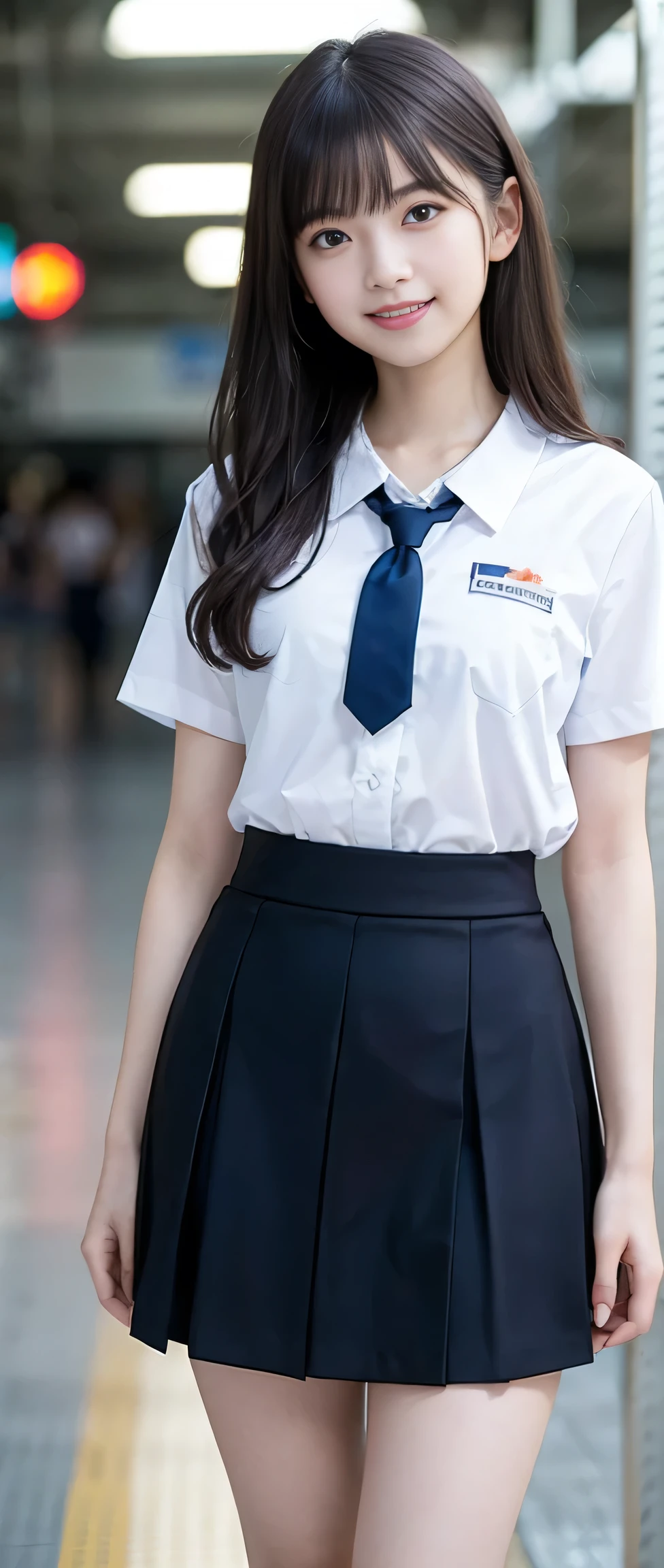 (masterpiece, Highest quality:1.2), 8k,  full nudity, 85mm,Official AR RAW Photos, Super slim slender beautiful girl, (When I lifted up my short navy blue skirt、上Half BodyFull nudity、Super beautiful breasts、Show me your ears、Naked photoshoot、Full nudity, Cute Face, close, Half Body, Biolace, Gardenia, beautiful girl, 白いFloral Skirt, Floral Skirt, Thighs, Short sleeve, Standing on the station platform, Looking at the audience, No makeup, (Big smile), Film Grain, chromatic aberration, Sharp focus, Face Light, Bright lighting, 10 generations, Detailed face, Background blur, (Dark red tie:1.1)、((((((Upper Half Body Full Nudity))))))、(((((( full nudity schoolgirl)arrow waist、Lower from the top front