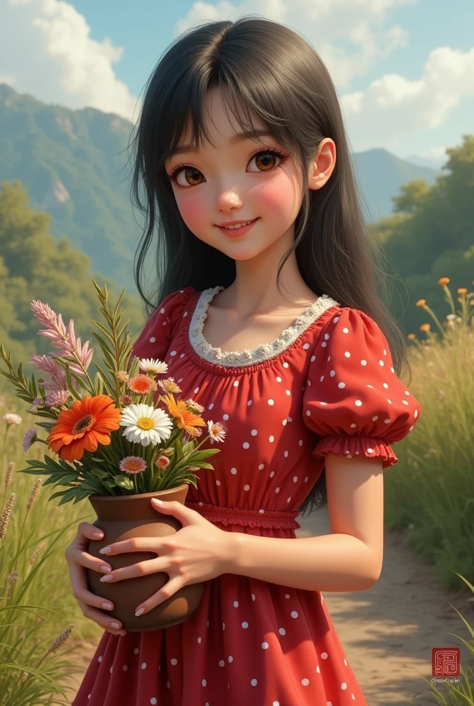 Detailed, realistic image of the benign girl, red dress with white polka dots, appearance, clay pot in her right hand and flower bouquet in her left hand, northeastern backlands.