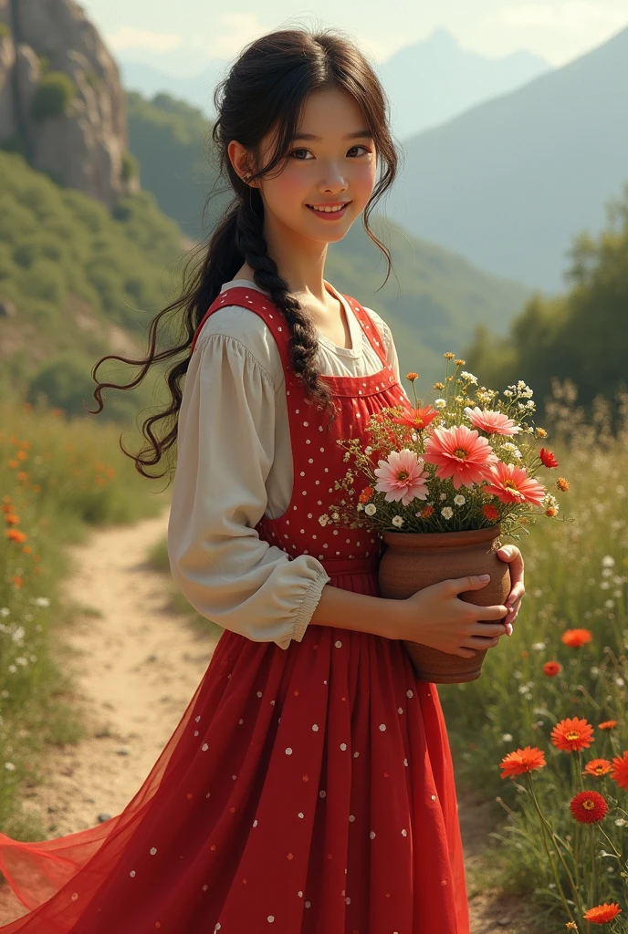 Detailed, realistic image of the benign girl, red dress with white polka dots, appearance, clay pot in her right hand and flower bouquet in her left hand, northeastern backlands.