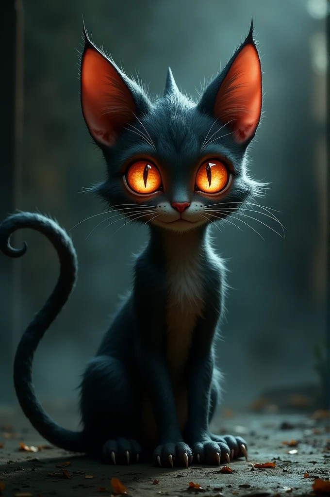 A little devil that looks like a cat. With big glowing eyes and a long tail