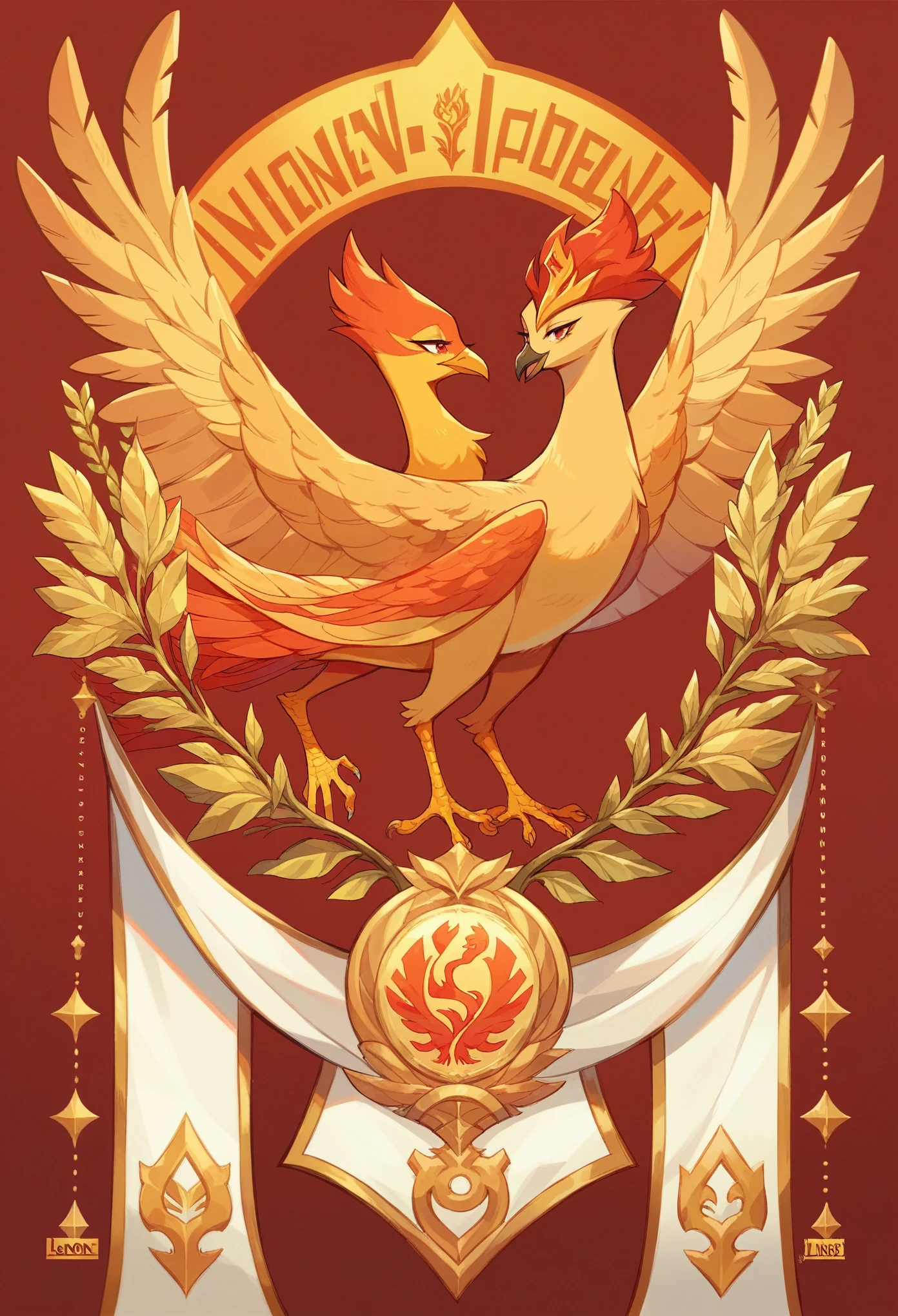 (Maximum quality) a golden phoenix, logo, golden details, golden edges, Luxurious and grand Phoenix, black and Red background with gold, banner, a golden phoenix on a banner with the caption: NEST ACADEMY