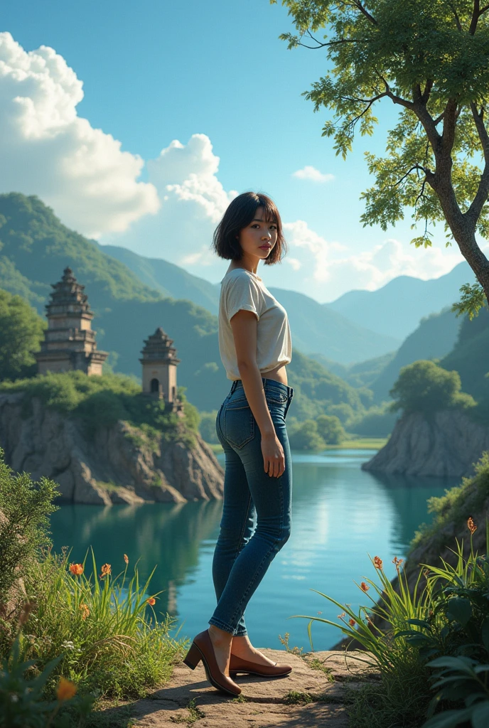 Thai woman, regarde le spectateur, cheveux court, chemise, jeans, nuvens, jour, sky, En plein air, Ruins, scenery, tree, water, prenant une pose sexy avec les jambe écarté.