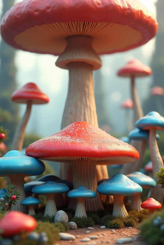 Red mushroom table with blue mushroom tables under a giant mushroom