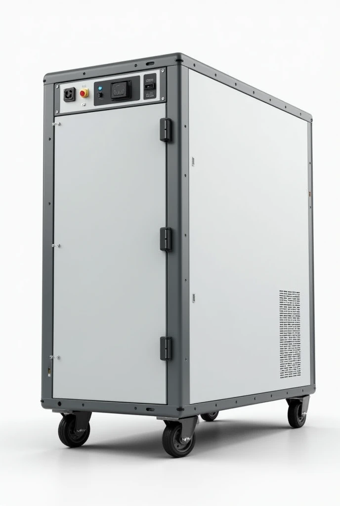 It has a control screen on the front, 4 230V socket inputs, and 4 USB ports and 3 Type-C inputs and is high 56cm. width 35cm. width 60cm. Power station with 4 wheels color is white and gray, case is metal material
