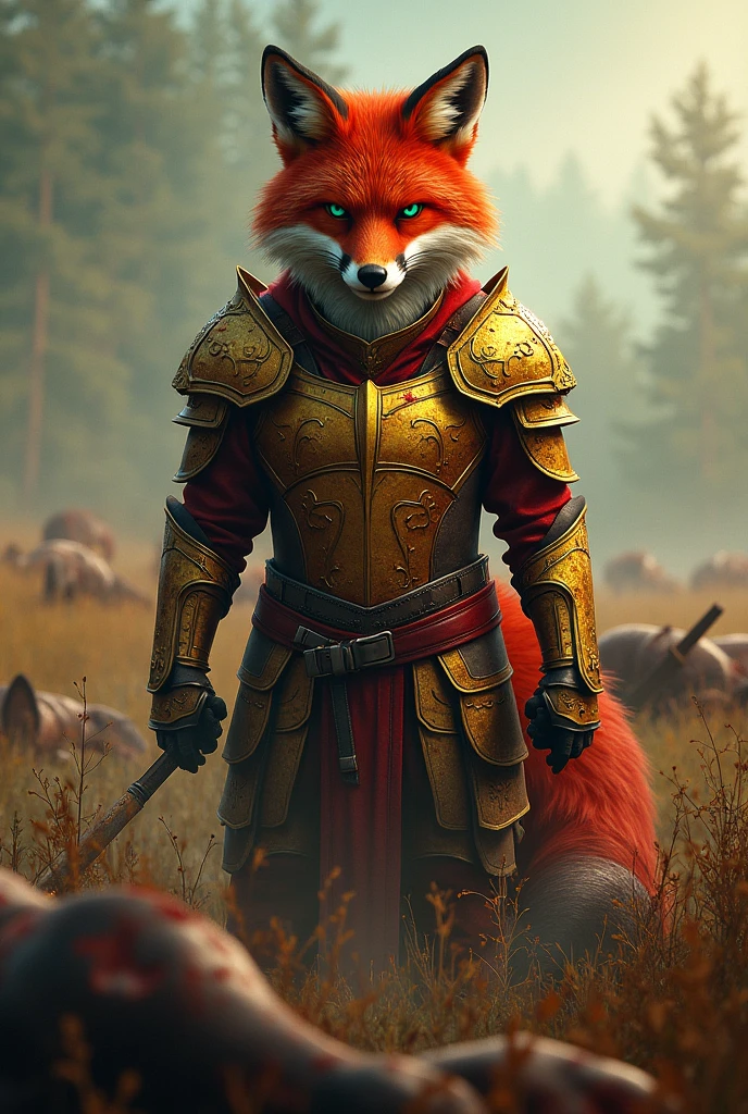 A red fox in golden armor, covered in blood, with green eyes stands on a field where there are many corpses, with two swords in his hands, a calm muzzle