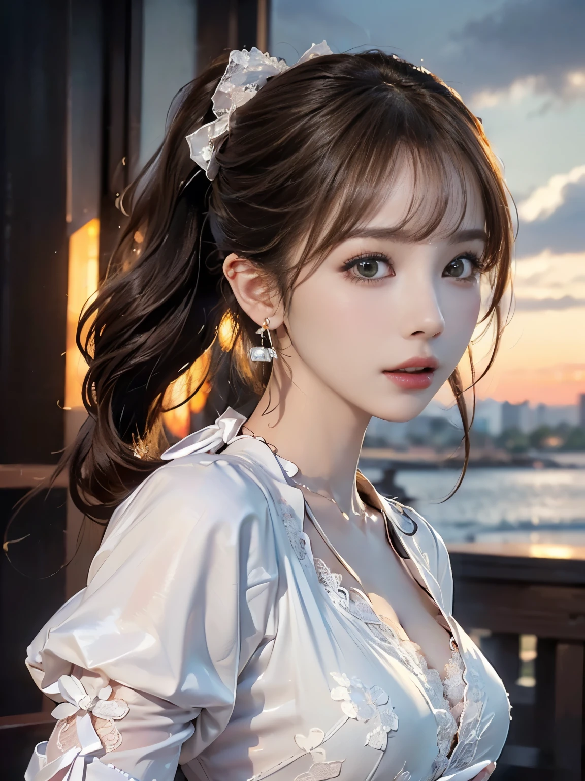 ((((Highest quality))))、(((Ultra-precision CG16K wallpaper)))、(((masterpiece)))、(((Super detailed)))、(((Extreme detail)))、((１Mature 2 woman:1.6))、((Very beautiful Japan face of a person))、((Urizane Face:1.8))、((Soft wavy ponytail medium hair、bangs:1.6))、(Shiny Hair)、Beautiful face depicted in detail、(Detailed eyes、Shining black eyes)、double eyelid、High nose、Small nostrils、Small Mouth、Seductive lips、Beautiful breasts、((B cup size breasts))、Cleavage、eight-headed body、Perfect proportions、Perfect Anatomy、Perfect composition、Beautiful detailed shading、Beautiful, natural lighting、Beautiful detail glow、Depth of written boundary、(((High chroma)))、(((Real:1.9)))、((vivid:1.5))、((Beautiful Skin))、((Skin Texture))、((Realな皮膚感))、(((Bust Shot:1.6)))、(((front view、shoot from front、front low angle:1.6)))、(((Half-open mouth、Puzzled face:1.4)))、(((looking at camera:1.6)))、Bright daylight、Natural light、(((background_Sky and Clouds:1.4)))、(Standing pose:1.6)、(((White lace blouse:1.6)))、((Scrunchie Ribbon、necklace、Wearing earrings:1.5))、