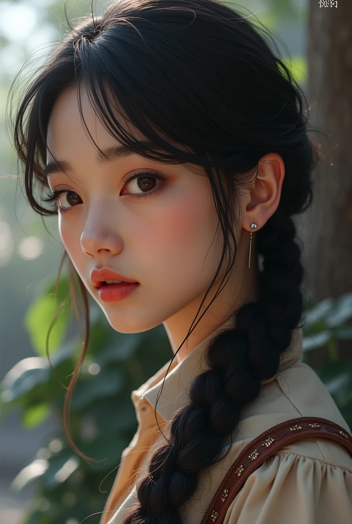 streaked hair, black hair, hair behind ear, beret, mole under eye, eye reflection, aqua eyes, blush, ear blush, saliva trail, fang out, close-up, Surrealism, depth of field, Surrealism, depth of field --auto