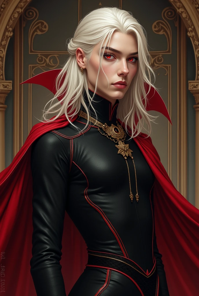 Beautiful young man with androgynous and delicate features, Shoulder-length platinum or silver blonde hair and slanted red eyes, White skin, high, hourglass body.

He wears black clothes with red details.

House of the dragon. Targaryen. Royals.