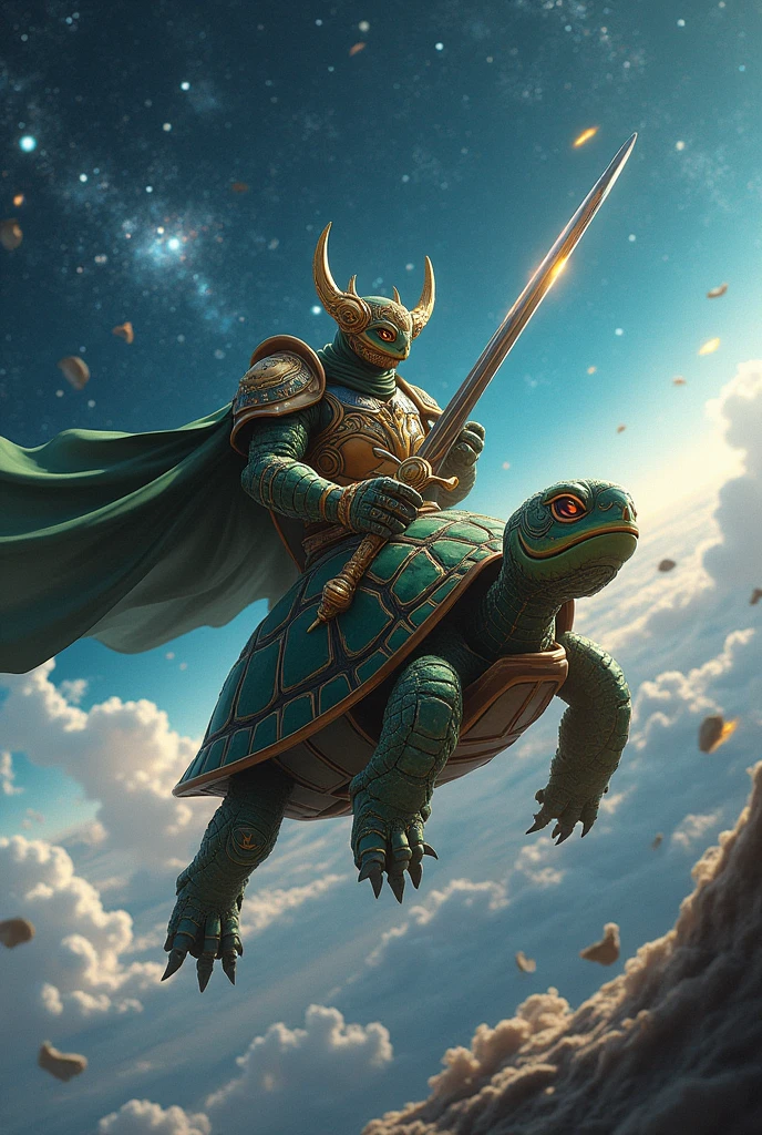 (photoanime1:2) A unknown anime space turtle king, with a cape and armor  and sword and shield which is almost makes them a mecha in space created from the big bang that is riding on a small turtle customised space craft