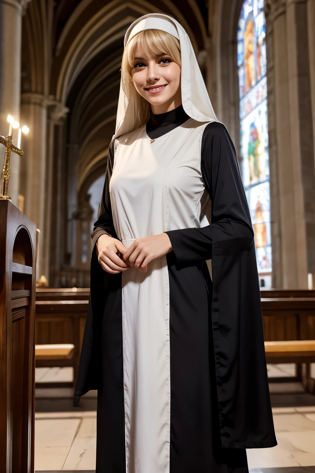A lovely 1 Italian beauty、Blonde Hair、With bangs、smile、Slim body、Monastic uniform、Nuns、Standing before the cross、In the church