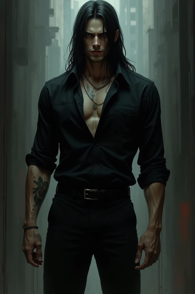 Hair type/ length: {"over waist length"}+ {"traight"}
Eye color: {"dark"}
Skin tone: {"Milky pale"} + {"smooth"}
Skin type: {“Scars.”} + {“Rough”} + {“Smooth”}
Race: {“Filipino”} +{“Japanese”}
Face shape: {“Sharp”}
Birthmarks or scars: {“5 scars”} + {“Forearm”} + {“Shoulder”} + {“Back”}
Predominant Feature: {“ mondo sharp Eyes ”}
Height: {“193.04cm”}
Weight: {“170”}
Body type: {“Tall”} + {“Muscular”} + {"Lean"}
Villain outfit: {“Black button up(not all the way) With an black undershirt peeking from the upper part of the shirt, nicely black straight pants waist length,