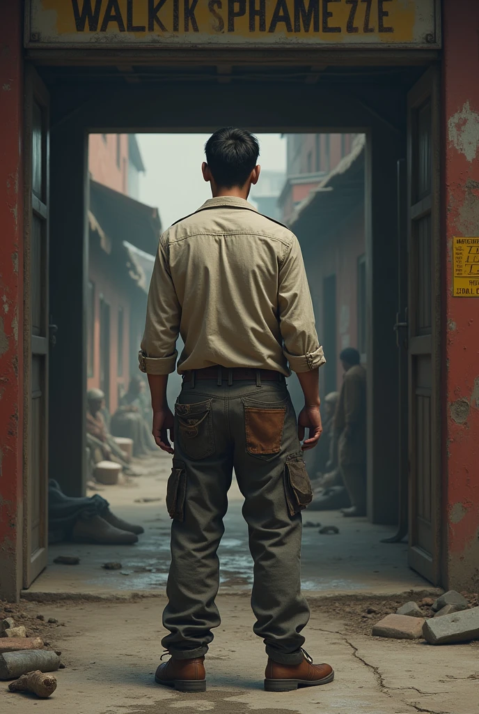 Realistic image of young man standing with his back turned waiting outside the entrance of the workers&#39; canteen asking for food