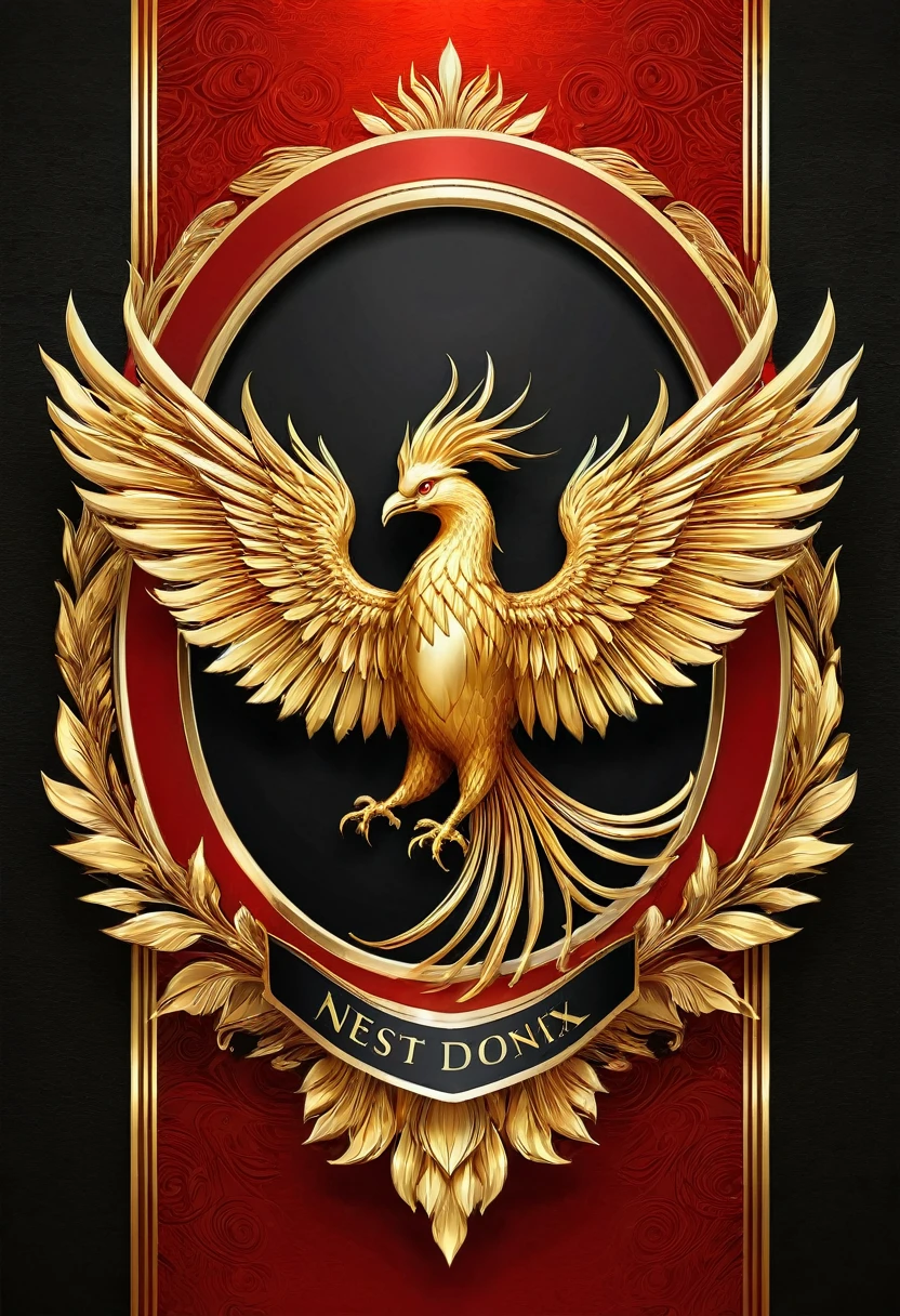 (Maximum quality) a golden phoenix, logo, golden details, golden edges, Luxurious and grand Phoenix, black and Red background with gold, banner, a golden phoenix on a banner with the caption: NEST ACADEMY
