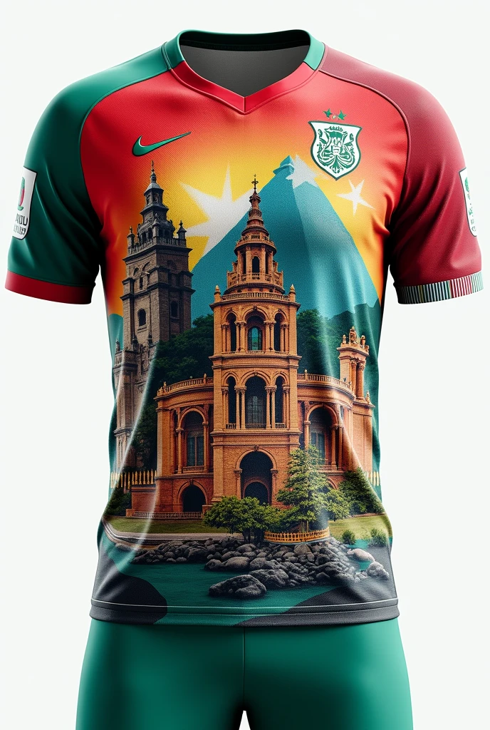 Create a Mexican national team shirt with a design of the country's historical monuments on the back and front with pants similar to the aqua green shirt