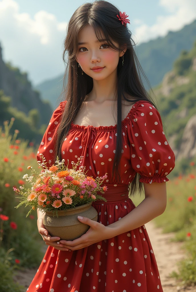 Detailed, realistic image of the benign girl, red dress with white polka dots,  appearance, clay pot in her right hand and flower bouquet in her left hand, northeastern backlands.
