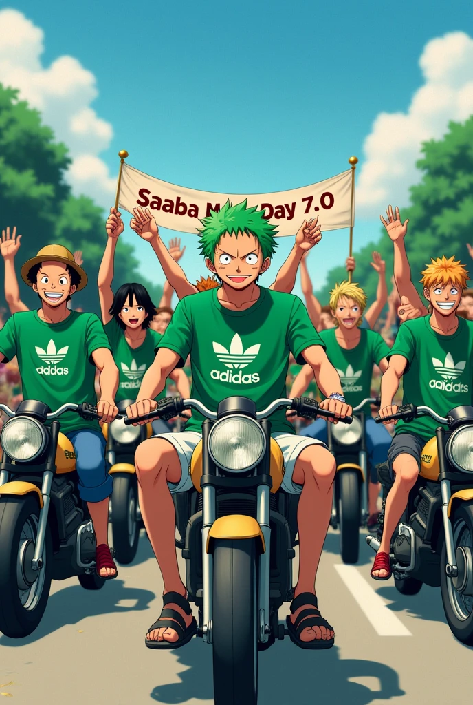 Anime One Piece Zoro is joining the moped motorcycle group , the color of the group's shirt is green , on the front of all the clothes there is the word Meluncurr , Adidas clothing brand , all bring moped motorbikes , everyone raises their right hands forward , palms open as if sliding forward , the front row carries a banner that says SABAH MOTO DAY 7.0