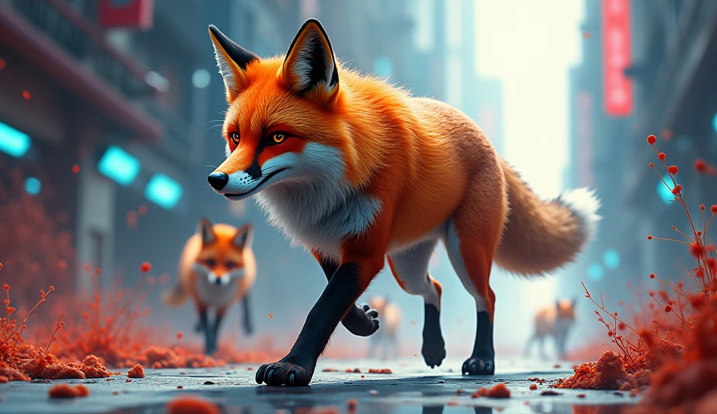 a fox moving forward with determination in an urban or futuristic setting, symbolizing the strength and assertiveness of the Fox group. The fox would be on the move, crossing obstacles or barriers, with a confident and focused look. Ao fundo, there could be a suggestion of rivals fleeing or hiding, highlighting the power of the fox. vibrant and contrasting colors, like red and blue, could reinforce the intensity and energy of the scene.