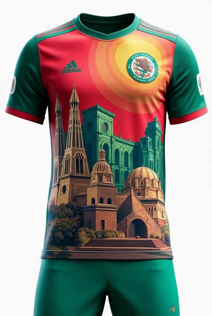 Create a Mexican national team shirt with a design of the country's historical monuments on the back and front with pants similar to the aqua green shirt