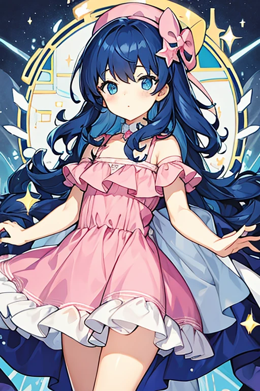 women, small, Dark Blue curly hair, blue eyes with stars, pink hat, pink and white dress with straps
