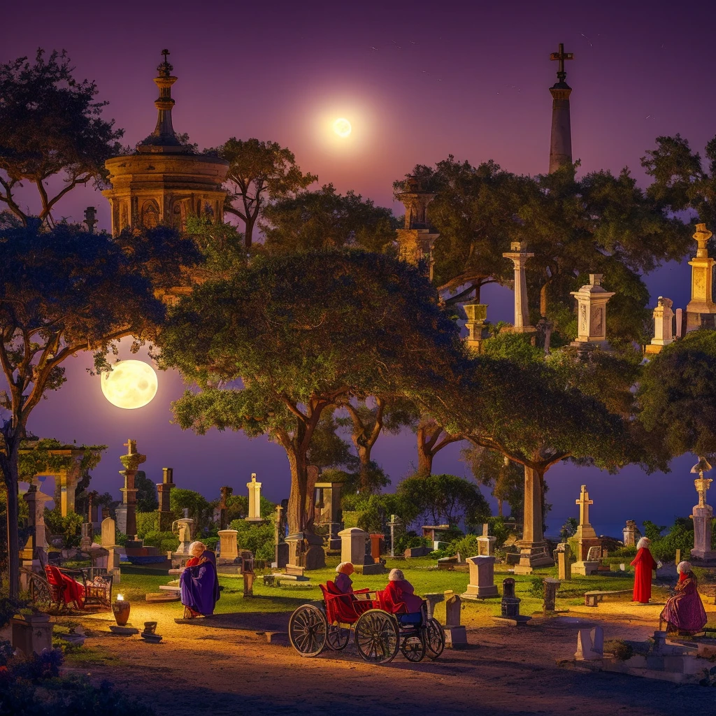 a landscape, a mixture of cemetery, square, sea, beach with a fig tree on a full moon night, there are five people, a gypsy woman, a woman in red, a woman in purple, a very old man in a chair wheels, and a gypsy with a vase in his hand