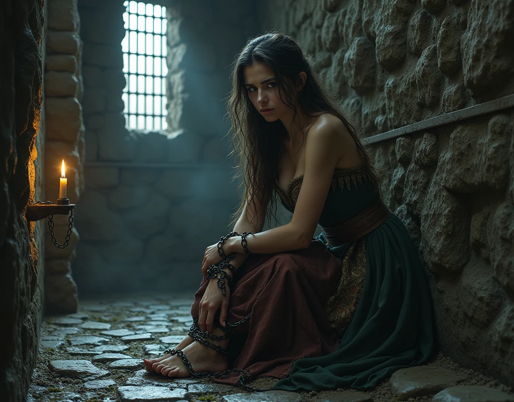 A medieval woman, dressed in a tattered but ornate gown, is shackled with heavy iron chains around her wrists and ankles. She has a determined and resilient expression despite her situation. Her long, unkempt hair flows around her face, and her eyes convey both sorrow and strength. The environment is a dimly lit, stone-walled dungeon with cold, damp walls covered in patches of moss and old, rusted iron bars. The floor is uneven and made of rough cobblestones, with small puddles of water reflecting the faint glow of a single torch mounted on the wall. In the background, shadows dance ominously, hinting at the presence of other prisoners or guards. A narrow, barred window high on the wall allows a sliver of moonlight to seep into the room, casting a dramatic light across the scene.
