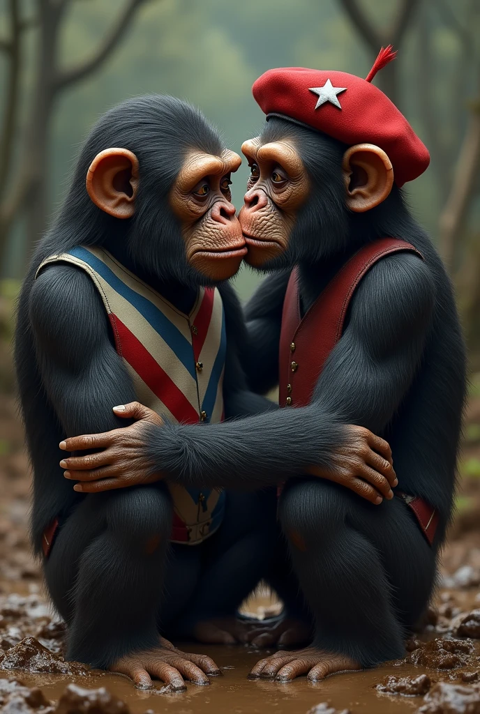 Image of 2 apes kissing, crying, one wearing a vest with 3 blue stripes, White and red, the other monkey wearing a red beret with a white star, full of brown mud.