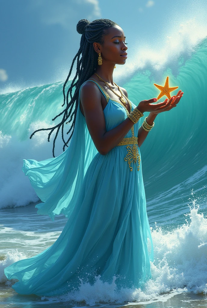 Black female Orisha in light blue dress with a starfish in her hands amidst the ocean waves