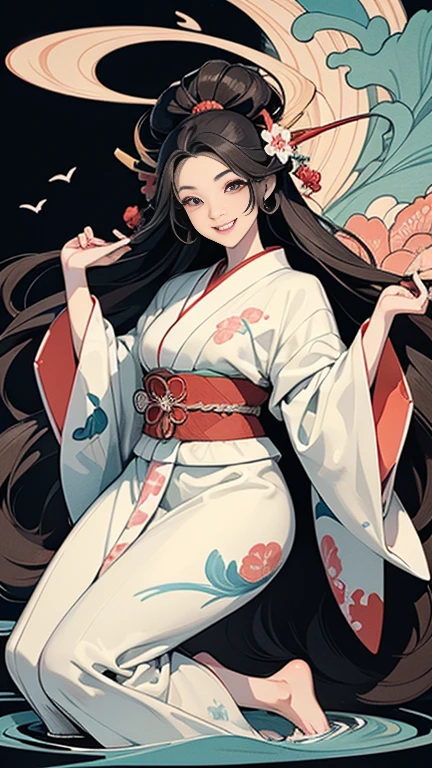 A beautiful woman smiles and shows her upper white teeth、Vividly colored Japanese Ukiyo-e style illustrations、(SeaArt creates stunning illustrations of beautiful women in kimono)、Brown-black long hair、Beautiful full body style、Let's dance a little Tokyo Ondo Yoiyoi、Beautiful digital painting,、Bright vibrant digital anime art、 Detailed digital anime art、 Beautiful anime portraits、background、Torii gate of a shrine in Kyoto, Japan、Detailed CG、