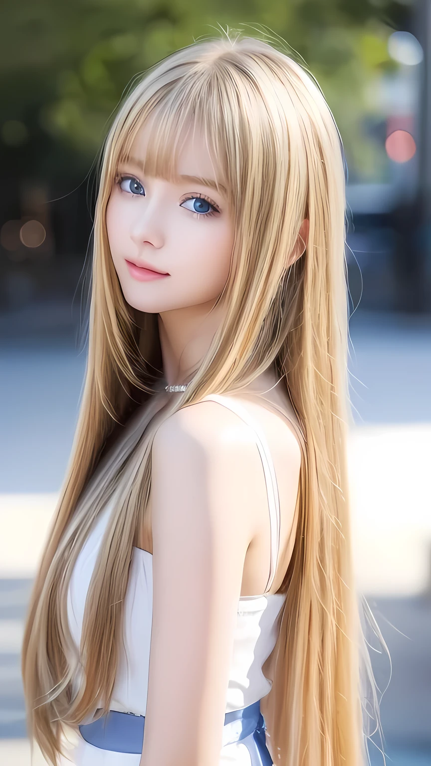 A very beautiful Nordic girl、Super long, silky, shiny metallic butter blonde straight hair、Cute beautiful girl with sexy messy bangs、Hair above the eyes、片Hair above the eyes、Hair between the eyes、uniform、Super long beautiful blonde hair、Beautiful bangs between the eyes、Very beautiful cute face、Cute beautiful gentle expression、high school girl、Big, pale, very bright sky blue eyes that shine beautifully、Small Face Beauty、Round face、Snow-white glossy skin、