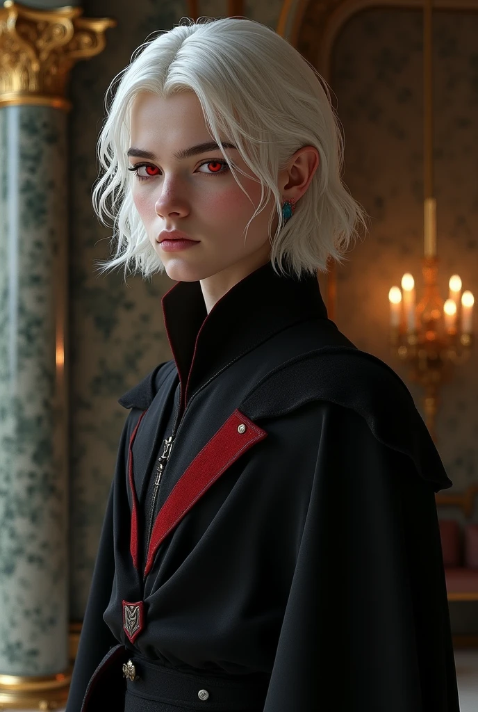 Beautiful young man with androgynous and delicate features, Shoulder-length platinum or silver blonde hair and slanted red eyes, White skin, high, hourglass body.
He wears black clothes with red details.
House of the dragon, Targaryen, Royals.