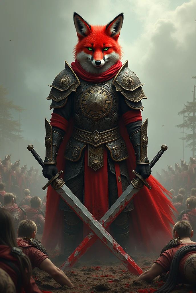 A red fox in armor, covered in blood, with green eyes stands on a field where there are many corpses, with two swords in his hands, a calm muzzle