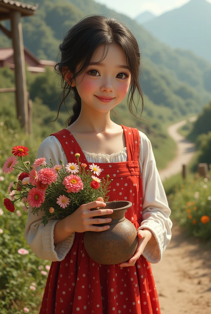 Detailed, realistic image of the benign girl, red dress with white polka dots,  appearance, clay pot in her right hand and flower bouquet in her left hand, northeastern backlands.
