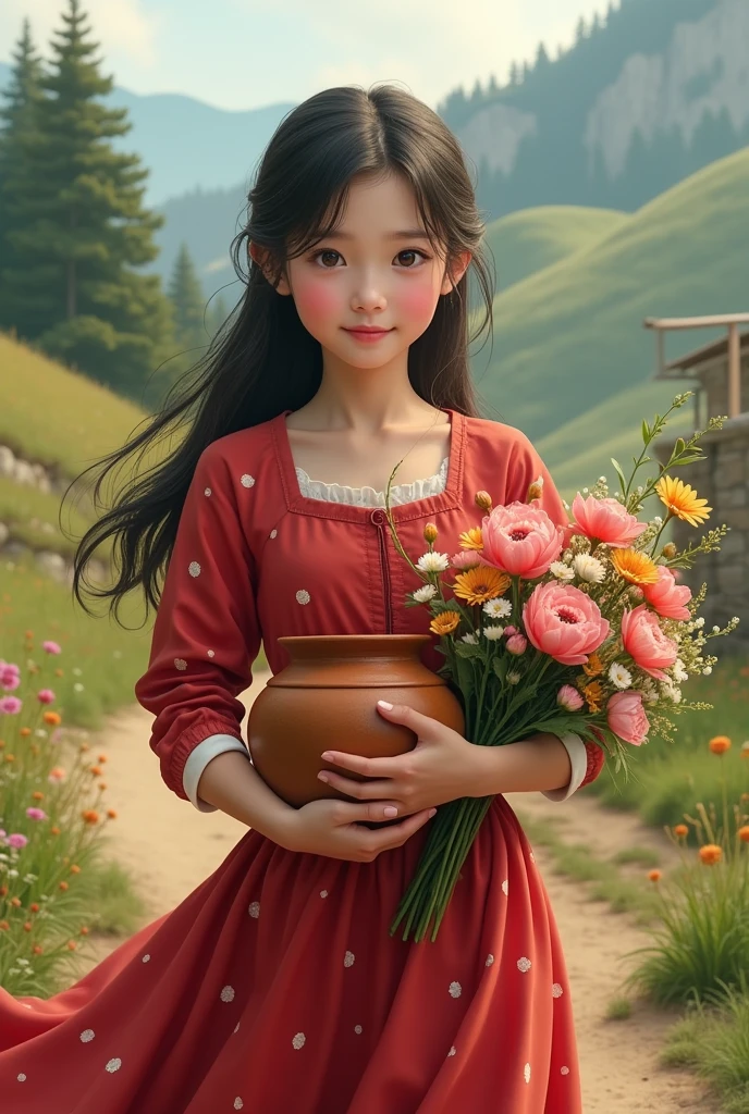 Detailed, realistic image of the benign girl, red dress with white polka dots,  appearance, clay pot in her right hand and flower bouquet in her left hand, northeastern backlands.
