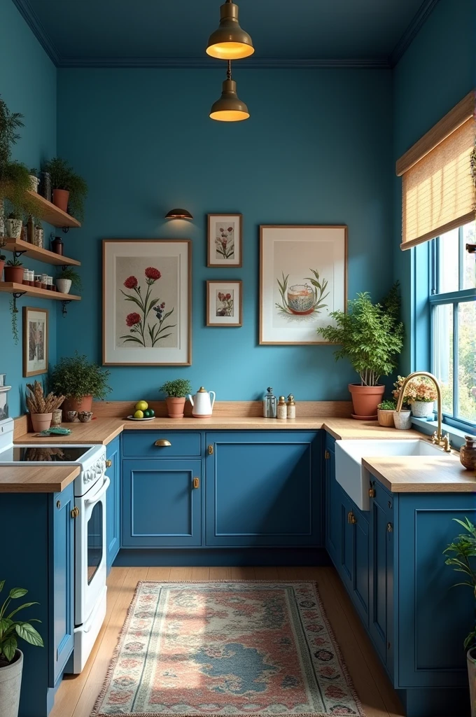 Room with a kitchen and pictures, the room is blue