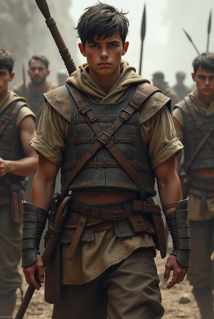 A visual depiction of the lowest-ranking soldiers in the Iron Talon mercenary band. These new members are mostly young, fresh recruits who have recently joined the group. They are shown wearing light or no armor, with a mix of tattered clothing and rudimentary protective gear like leather vests or simple helmets. Their weapons are low-quality—rusty swords, basic spears, and crude daggers, reflecting their status and inexperience. The soldiers have a weary, determined look, knowing their tasks often involve high-risk missions or being the first wave of attack.