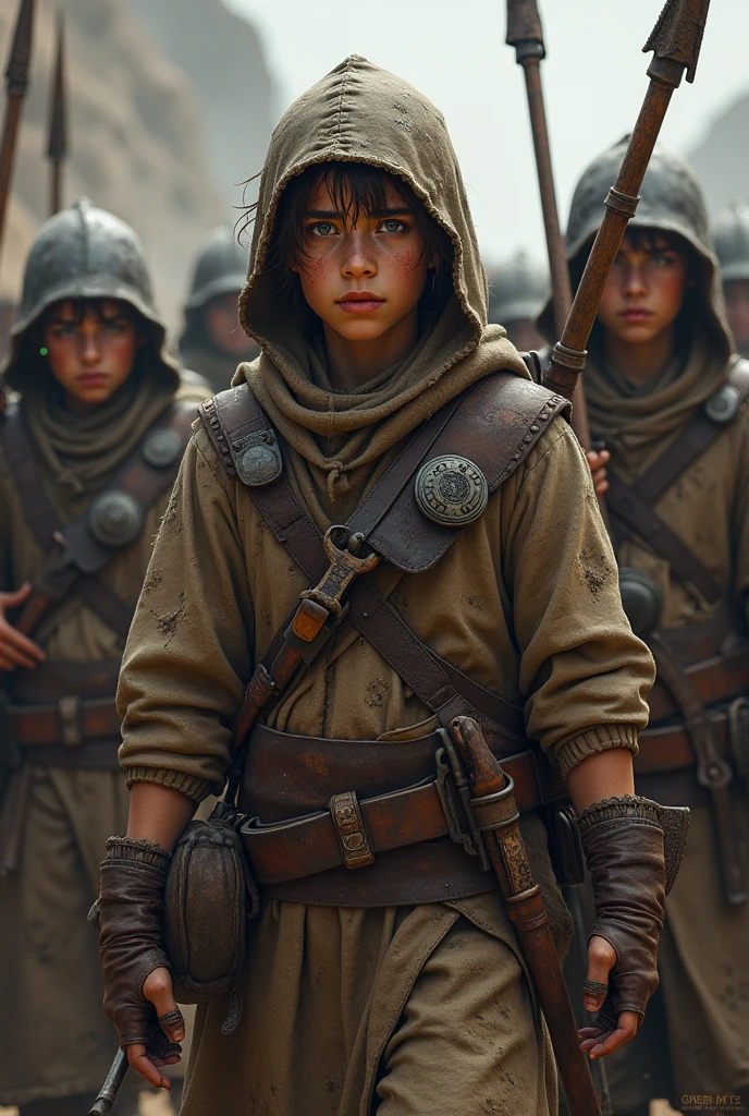A visual depiction of the lowest-ranking soldiers in the Iron Talon mercenary band. These new members are mostly young, fresh recruits who have recently joined the group. They are shown wearing light or no armor, with a mix of tattered clothing and rudimentary protective gear like leather vests or simple helmets. Their weapons are low-quality—rusty swords, basic spears, and crude daggers, reflecting their status and inexperience. The soldiers have a weary, determined look, knowing their tasks often involve high-risk missions or being the first wave of attack. 