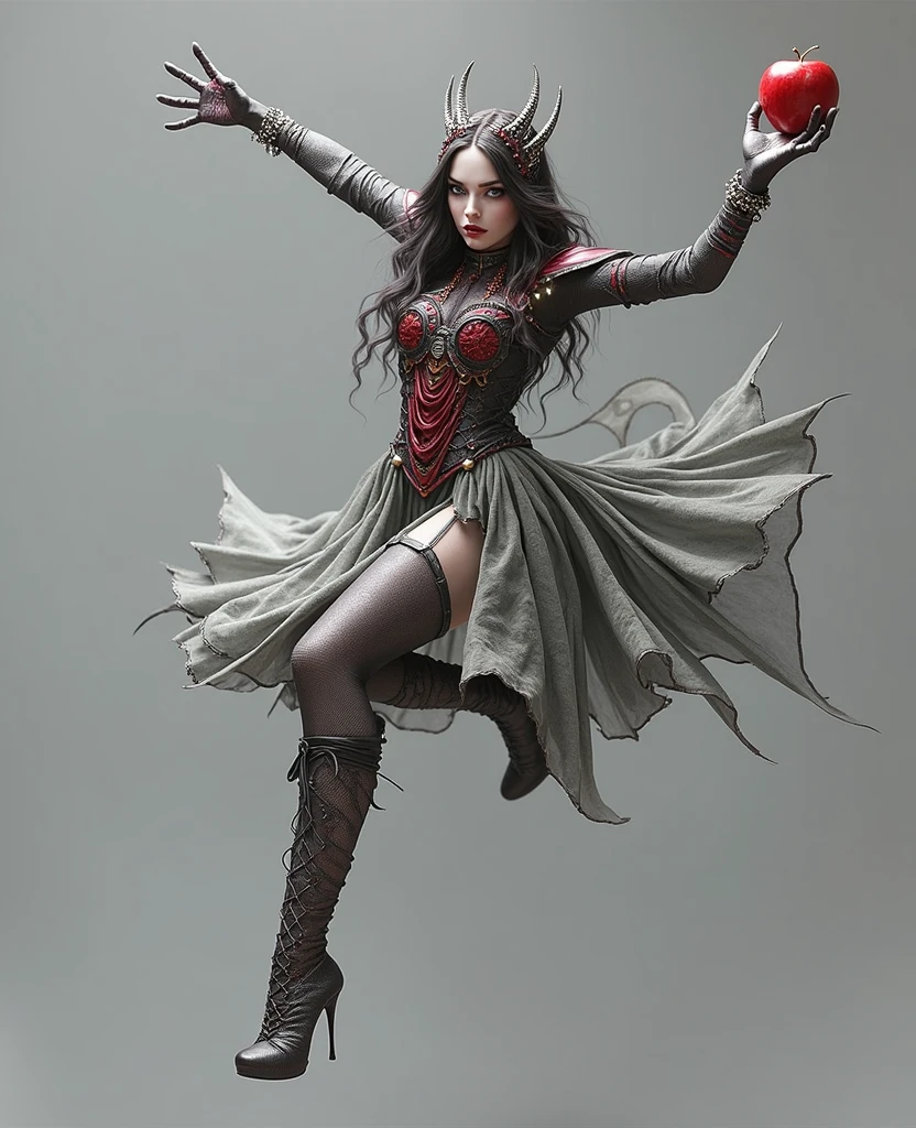 A dark and beautiful woman with long black hair, dressed as a witch queen with intricate accessories, holding a poisonous red apple, (best quality,4k,8k,highres,masterpiece:1.2),ultra-detailed,(realistic,photorealistic,photo-realistic:1.37),detailed eyes,detailed lips,extremely detailed face,longeyelashes,dark fantasy,gothic,dramatic lighting,dramatic pose,chiaroscuro,rich colors,deep red,deep purple,black and red
