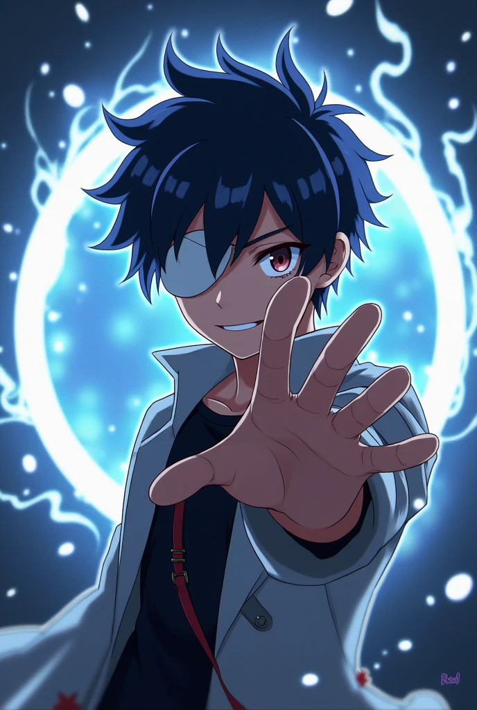  juvenile　White eyepatch on one eye　Bandage on arm　One hand in front of the face for a cool pose　magic circle　anime