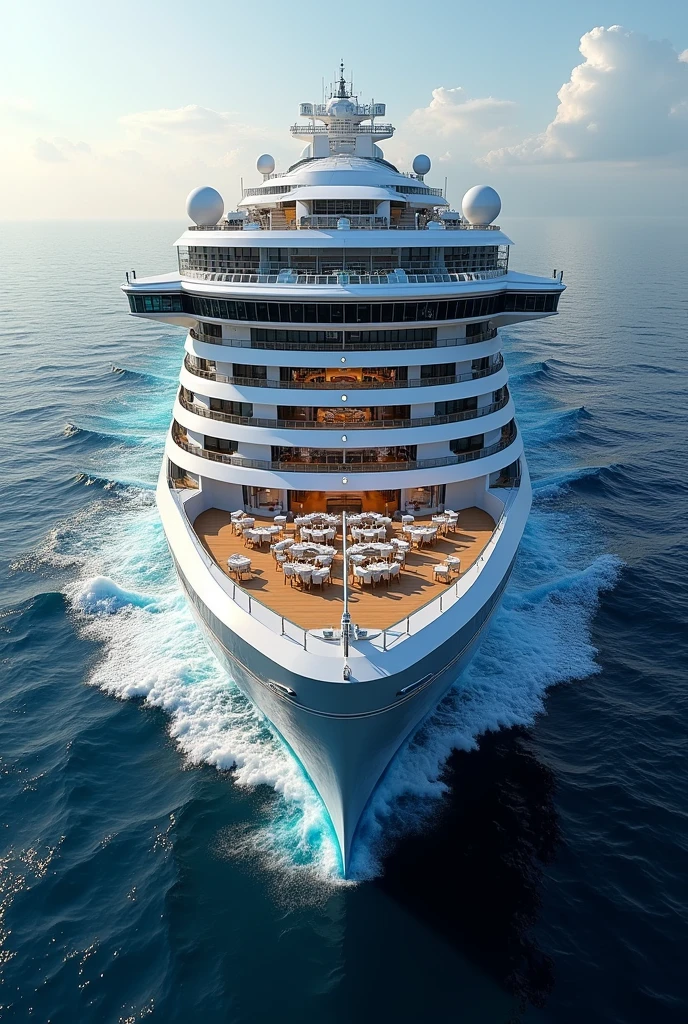 A futuristic new class of cruise ship for Royal Caribbean named the Discovery of the Seas that holds 3,070 guests with an open bow with a restaurant in the bow