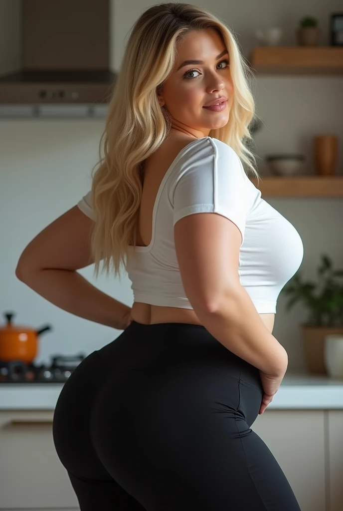 photo realist , best qualityer, hyper detailled, Beautiful blonde woman with natural blonde hair,lightbrown eyes, they have huge fake breasts,500ml silicone implants, photo taken by a professional,showing full body, She is wearing black leggings and a loose, cropped t-shirt. , She is not wearing a bra underneath and her nipples are showing through her shirt,She has a big ass ,hourglass body, posing from behind in a modern kitchen ,pose sexy, (giorno),(happy), textura da pele com 30G happy visível sob a roupa, film grain, close up, ultra high resolution, best shade, CRU, instagram LUT, huge, perky breasts
