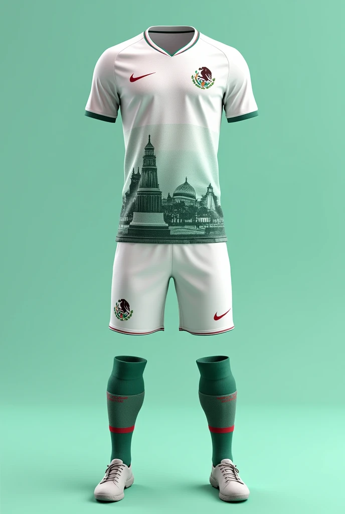 Create a Mexican national team shirt with a design of historical monuments of the country that is white and aqua green with pants according to the design 