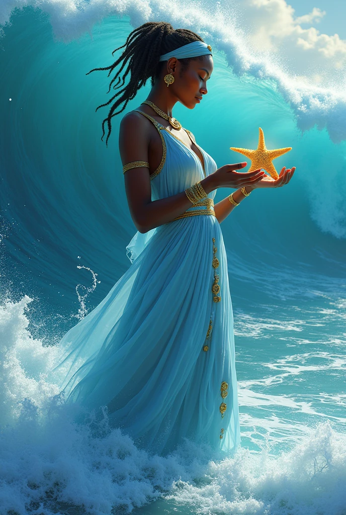 Black female Orisha in light blue dress with a starfish in her hands amidst the ocean waves